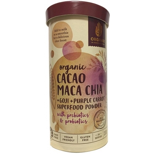 Orgamix Organic Cacao Maca Chia + Goji + Carrot Powder G/F 200g